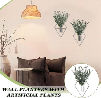 Jexine 4 Pcs Hanging Planters with Artificial Eucalyptus Metal Hanging Vase Indoor Plants Holder Modern Geometric Boho Bathroom Wall Decor for Living Room Home Office(Black)
