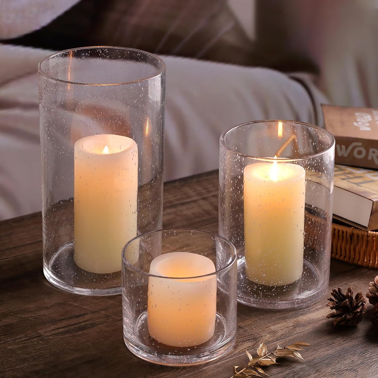 NITIME Hurricane Candle Holder Set of 3 Clear Candle Holders for Pillar Candles, Seeded Bubbles Glass Candle Holder for table centerpiece, Glass Cylinder Vases for Home, Patio and Wedding 8"4.7"3.5"H
