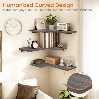 Homode Corner Floating Shelves, Set of 3 Corner Wall Shelves with Wire Hole, L-Shaped Wood Hanging Storage Shelf for Wall Decor, for Bathroom Kitchen Bedroom, White