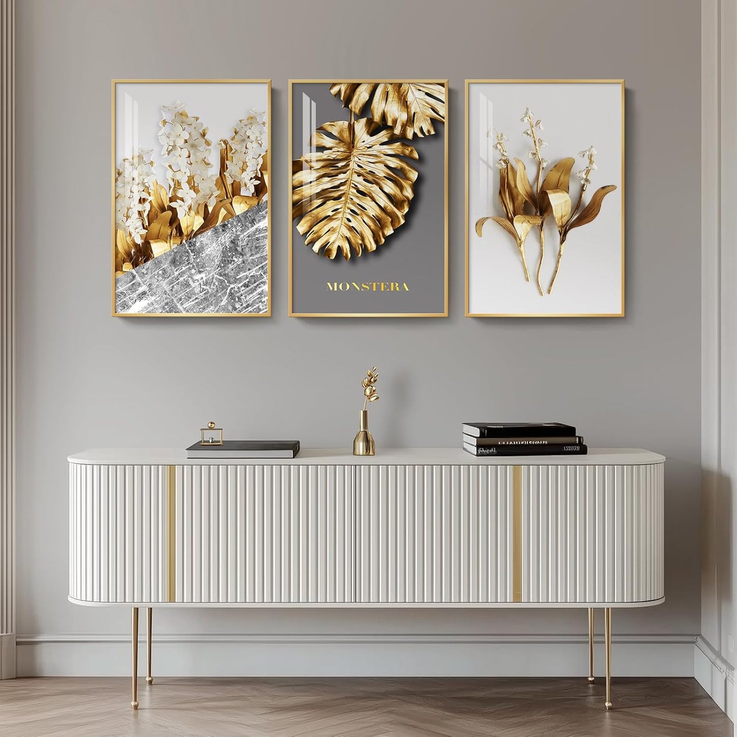 Framed Modern Luxury Gold Wall Art, Set of 3 Piece Contemporary Paintings Artwork for Walls, Golden Prints Pictures with Gold Frame, Wall Decor for Living Room, Hallway, Bedroom, Office 16x24 Inch