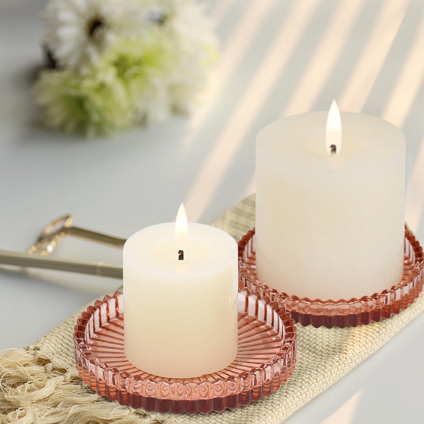 Vixdonos 3.8 Inch Glass Pillar Candle Holder Set Pack 2 Gear Round Plate Serrated Candle Stand for Table Centerpieces,Party, Wedding and Home Decor