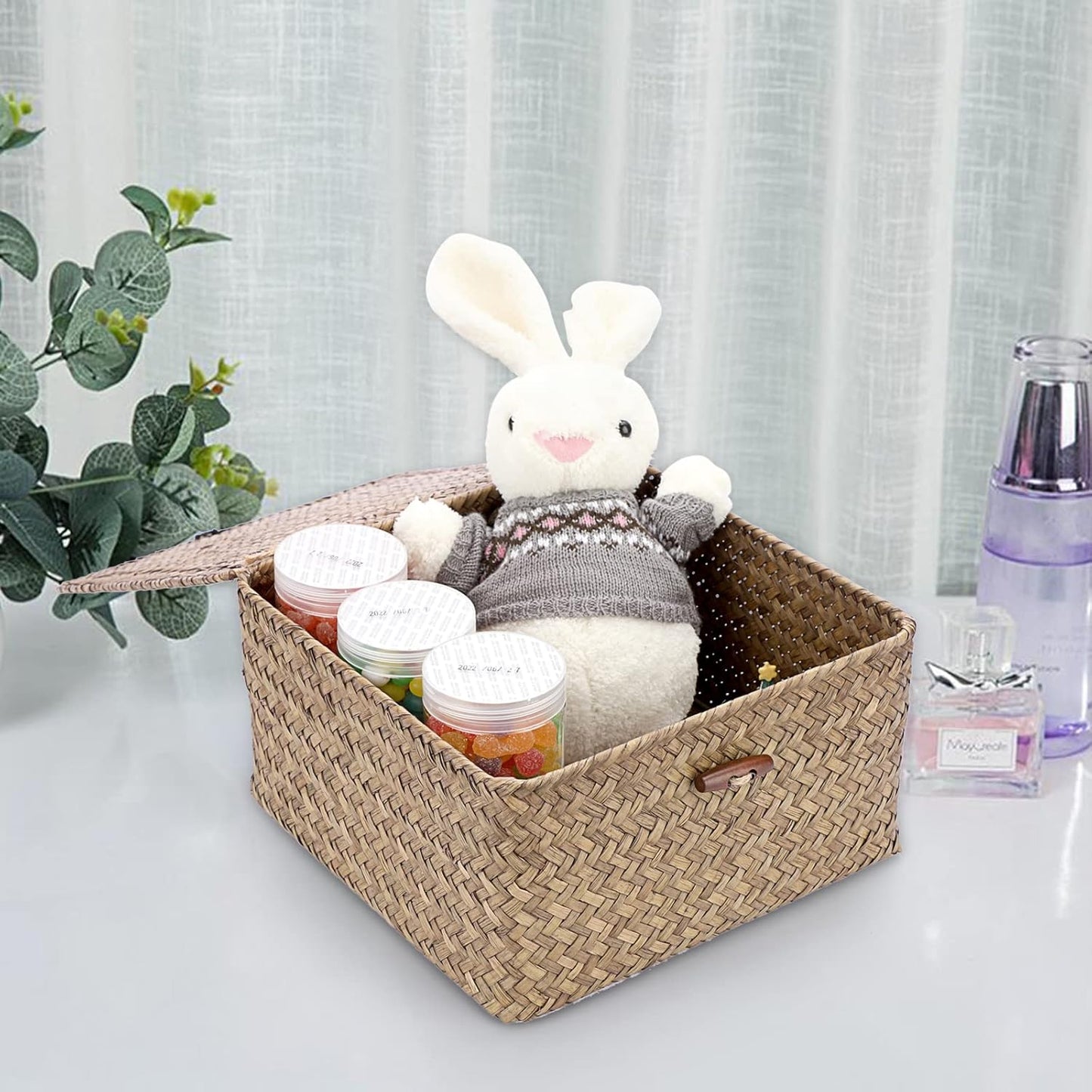 Hipiwe Seagrass Basket with Lid Wicker Storage Basket Square Handwoven Decorative Baskets Box for Shelf Multipurpose Household Baskets Home Decor,X-small
