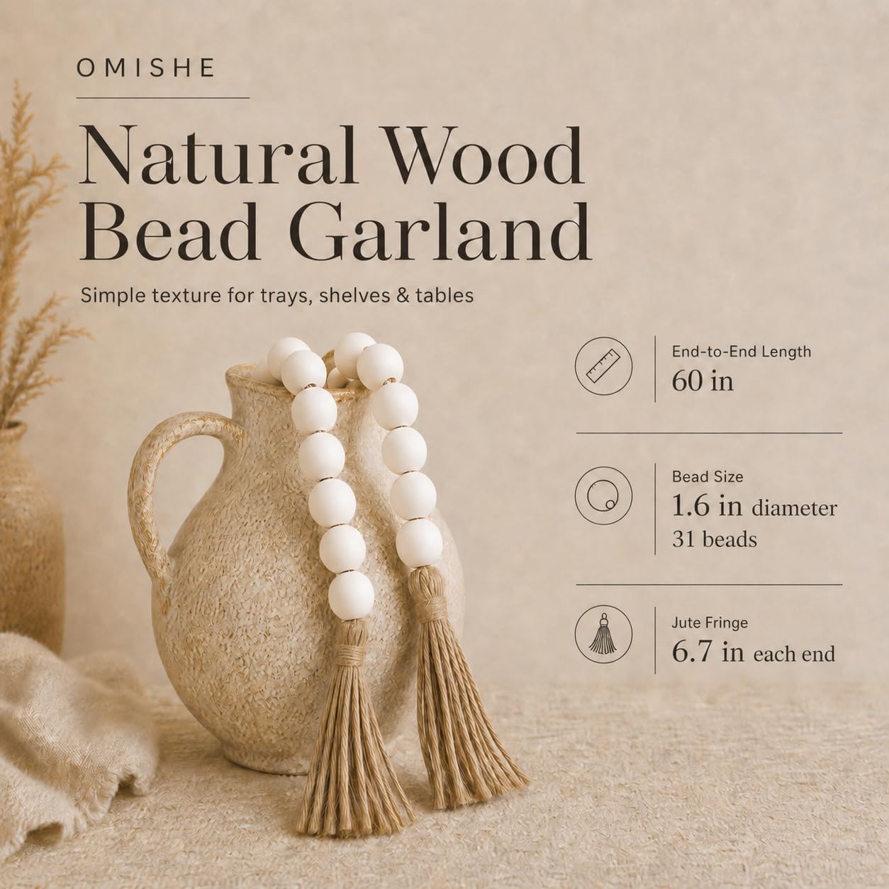 OMISHE Extra Large Wood Bead Garland with 1.6" Diameter Wooden Beads and Tassels, 41" Long Rustic Farmhouse Country Decorative Beads for Home Tiered Tray Decor, Natural Beige