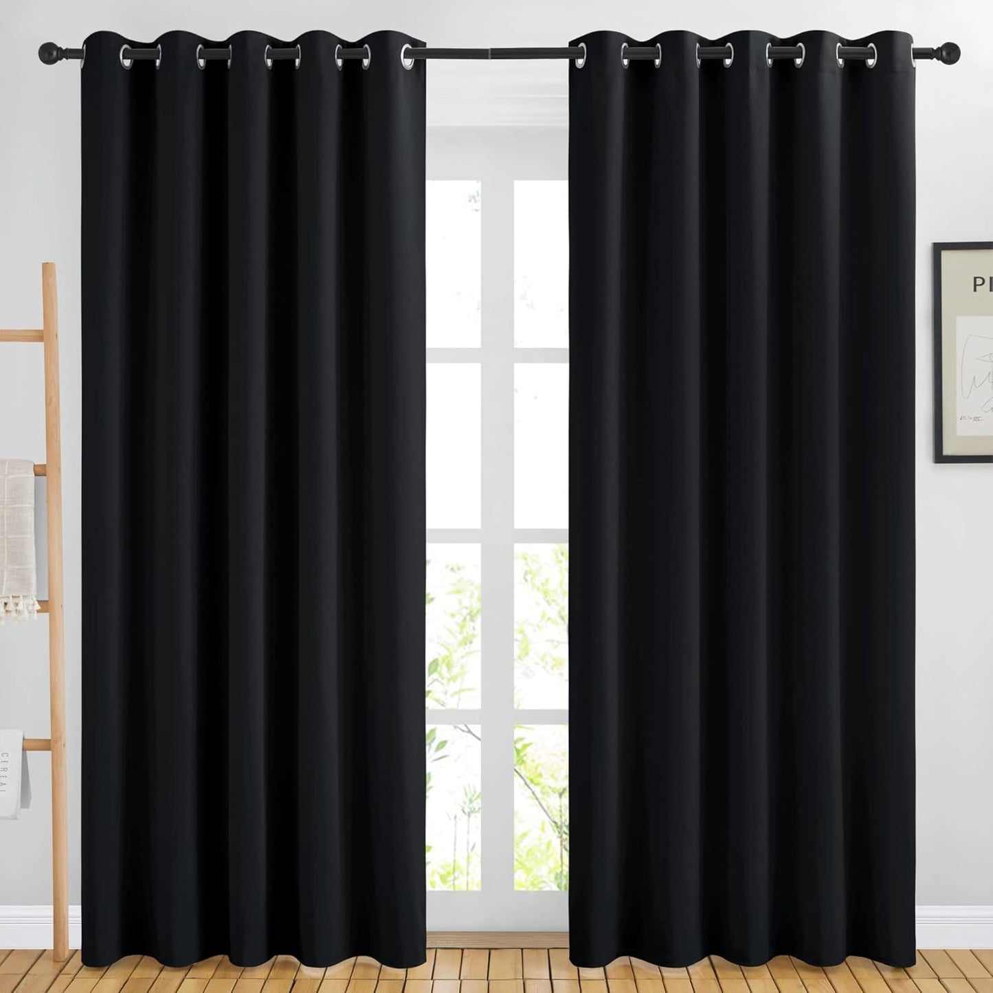 NICETOWN Halloween Pitch Black Solid Thermal Insulated Grommet Blackout Curtains/Drapes for Bedroom Window (2 Panels, 42 inches Wide by 63 inches Long, Black) - Colors E