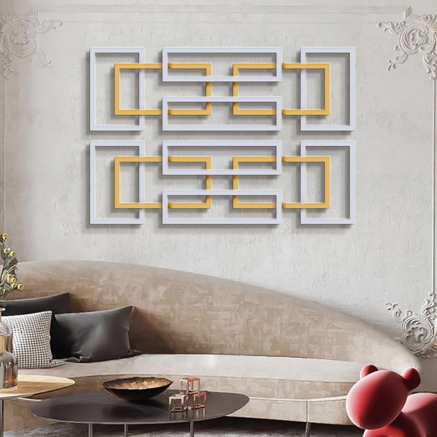 homary Large Metal Wall Art – 47.2" Modern 3D Abstract Geometric Overlapping Design, Iron Wall Decor for Living Room, Dining Room, Office