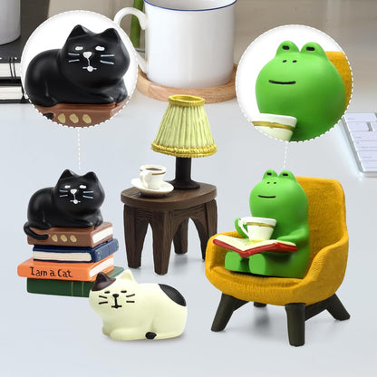 RAQWI Cute Mini Frog and Cat Figurine for Office, Home Decoration Perfect Cute Frog and Cat Gift