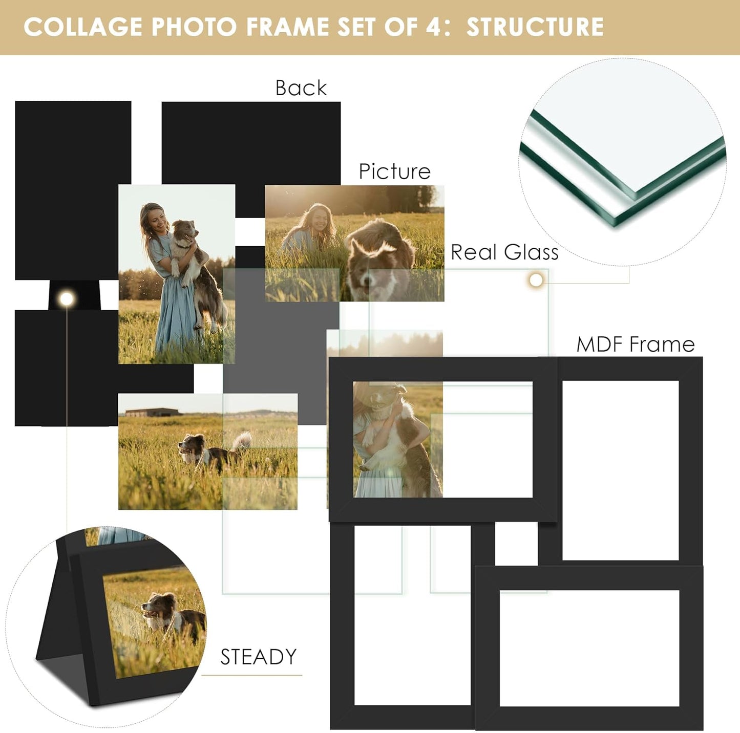 DUENPY 4x6 Collage Picture Frame Tempered Glass Front, Displays Four 4x6 Photo, Family Photo Collage Frame, Wall Decor Wall Hanging or Tabletop, Brown