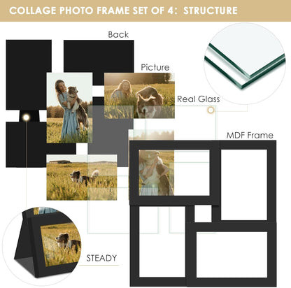 DUENPY 4x6 Collage Picture Frame Tempered Glass Front, Displays Four 4x6 Photo, Family Photo Collage Frame, Wall Decor Wall Hanging or Tabletop, Brown