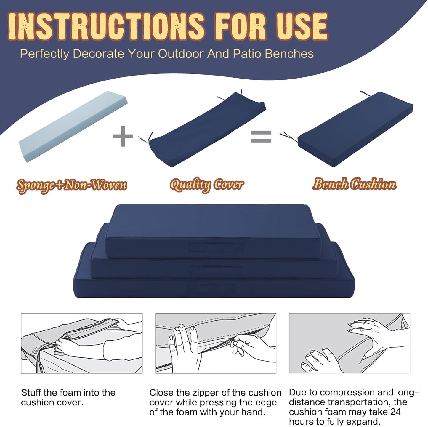 Outdoor Bench Cushion 48x18 Inch Waterproof with Memory Foam,Patio Bench Cushions for Outdoor/Indoor Furniture Porch Swing Cushion with Handle and Adjustable Strap,Navy Bule