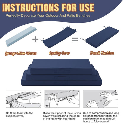 Outdoor Bench Cushion 48x18 Inch Waterproof with Memory Foam,Patio Bench Cushions for Outdoor/Indoor Furniture Porch Swing Cushion with Handle and Adjustable Strap,Navy Bule