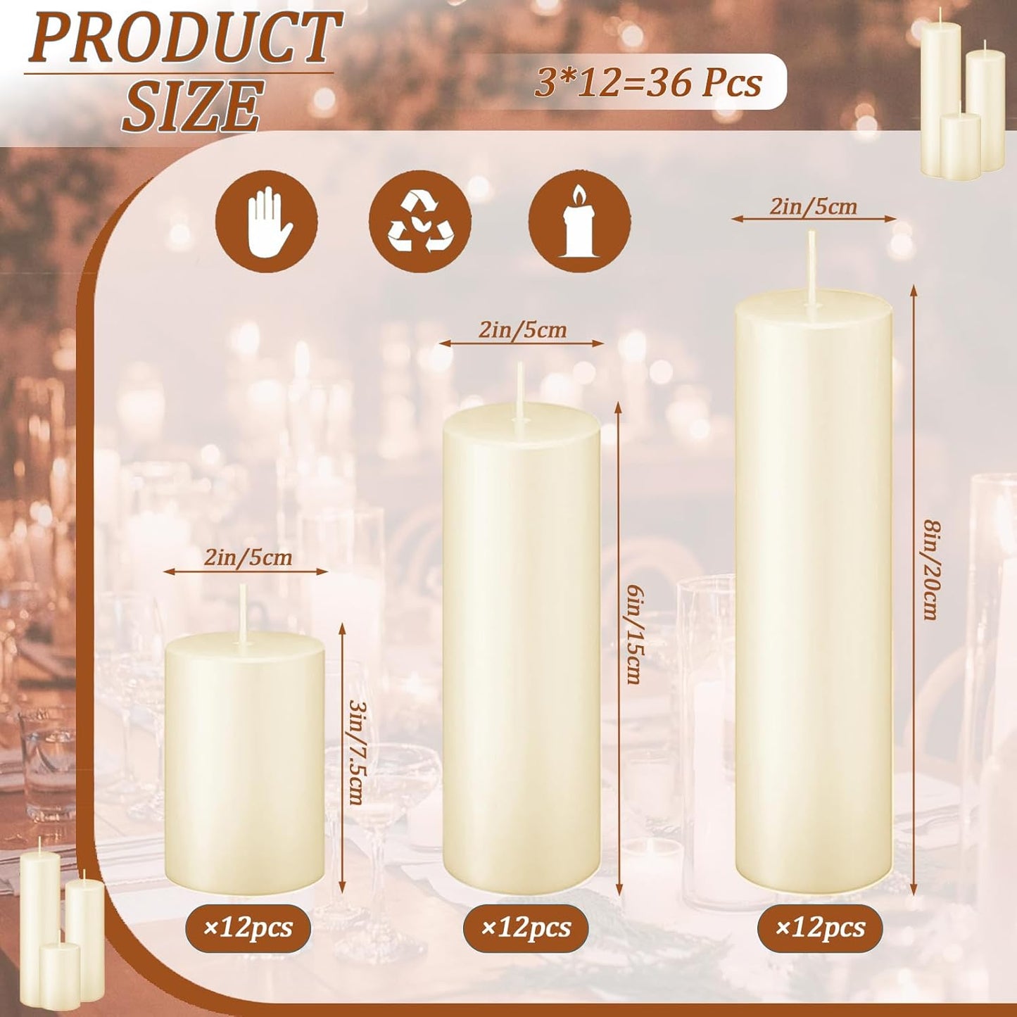 18 Pcs Ivory Pillar Candles Bulk Set，3 Different Lengths 2 x 3/4/6 Inch (6 Each)，Hurricane Candles，Dripless Unscented Smokeless，Gives You a Better Atmosphere When Organizing an Event Party.
