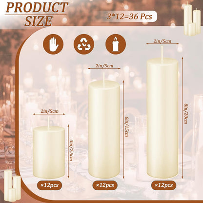 18 Pcs Ivory Pillar Candles Bulk Set，3 Different Lengths 2 x 3/4/6 Inch (6 Each)，Hurricane Candles，Dripless Unscented Smokeless，Gives You a Better Atmosphere When Organizing an Event Party.