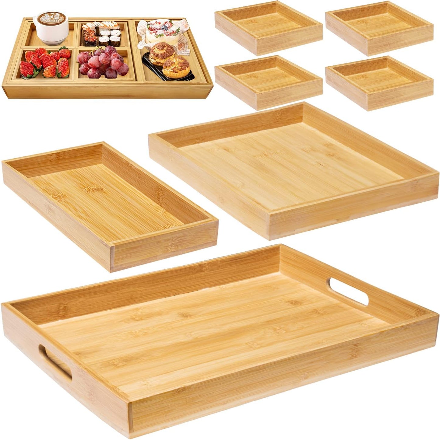 Yangbaga Rustic Wooden Serving Trays with Handle - Set of 7 Rectangular Platters for Entertaining, Breakfast, Coffee Table, Home Decor