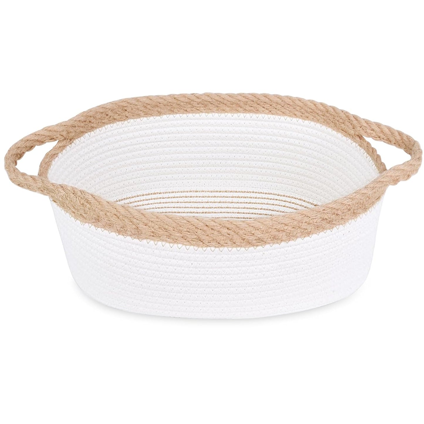ABenkle Small Basket with Handles, Boho Decorative Rope Woven Dog Cat Toy Storage Bin Shelf Storage Organizer, Easter Christmas Gift Basket, 12"x8"x5", White