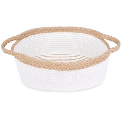 ABenkle Small Basket with Handles, Boho Decorative Rope Woven Dog Cat Toy Storage Bin Shelf Storage Organizer, Easter Christmas Gift Basket, 12"x8"x5", White