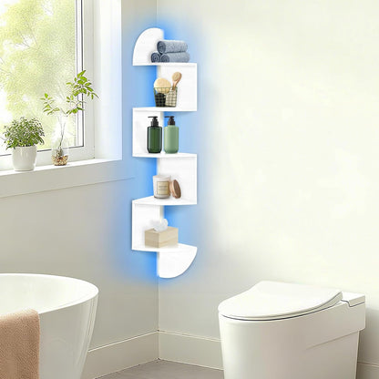 Corner Shelf Wall Mounted, 5 Tier Corner Bookshelf with Light, Corner Floating Shelves Display Shelf Stand for Bedroom, Bathroom, Living Room, Kitchen, Home, Office (Black)