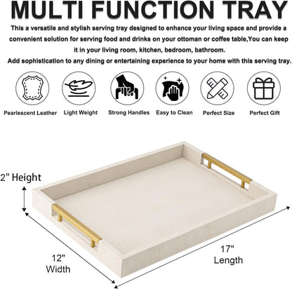 Beige Faux Leather Serving Tray with Handles – Large Decorative Tray for Coffee Table, Ottoman, Living Room, Bathroom – Home Decor