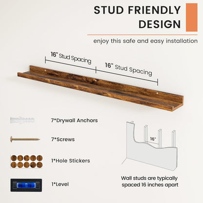 FLYJOE Picture Ledge Shelf, Floating Shelves Set of 2, 48 Inches Long Large Nursery Book Shelves for Toys Storage, Kids Bookshelf Wall Mounted for Living Room Bedroom Decor Books Photo Frames, Walnut