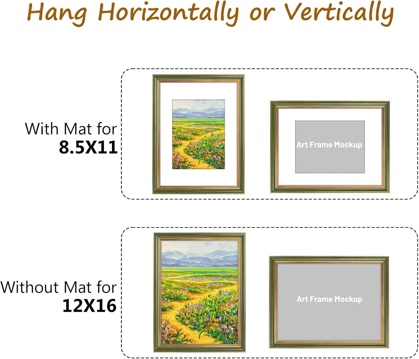 Golden State Art,11x14 Ornate Picture Frame for 8x10 Photo with Mat or 11 x 14 Prints without Mat,Real Glass Wall Display(Color:Green Gold)
