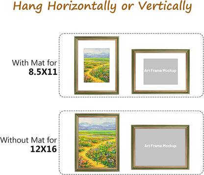 Golden State Art,11x14 Ornate Picture Frame for 8x10 Photo with Mat or 11 x 14 Prints without Mat,Real Glass Wall Display(Color:Green Gold)