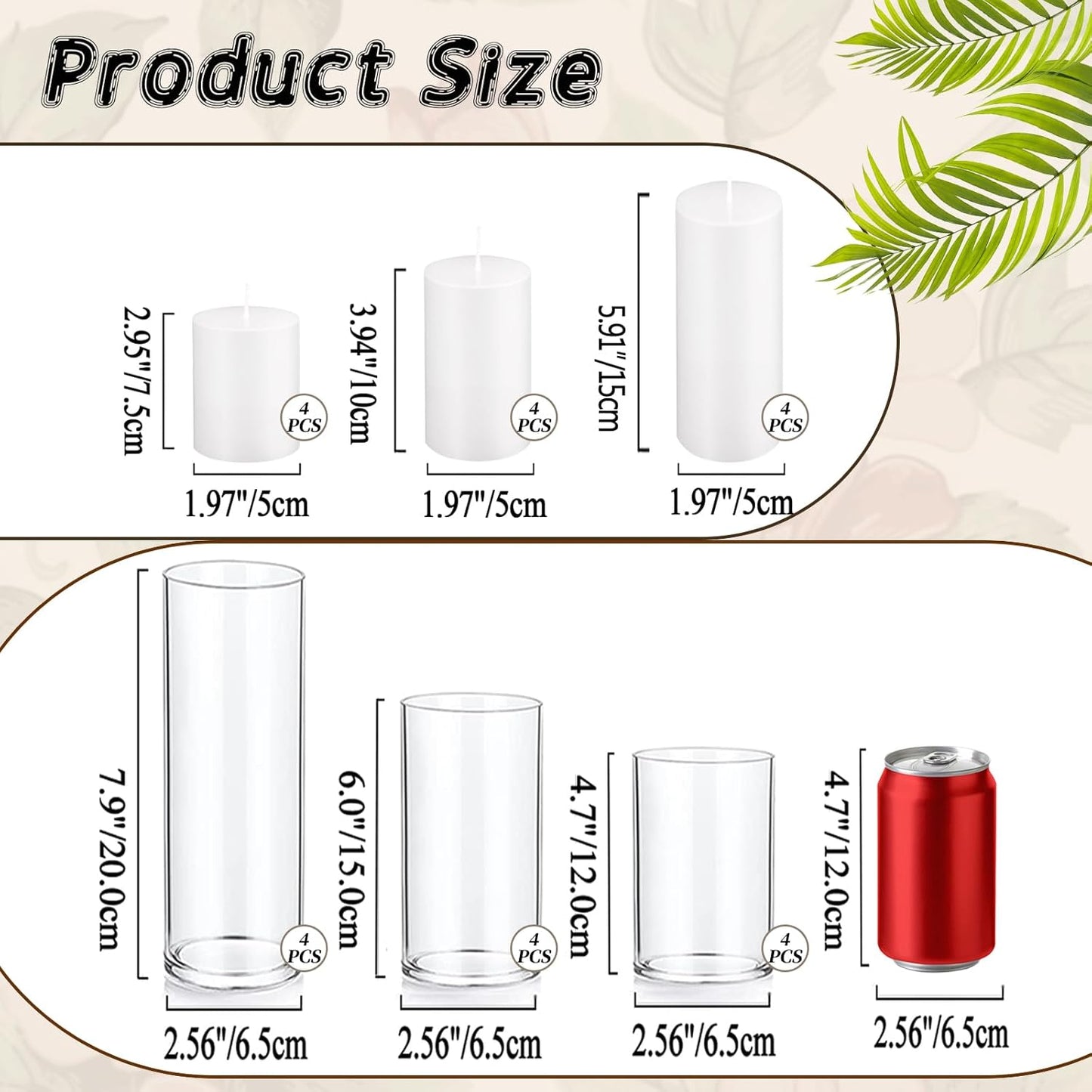 UDU 24 PCS White Pillar Candles with Glass Cylinder Vases Hurricane Glass Candle Holders for Pillar Candles Cylinder Vases for Centerpieces Wedding Table Party Home Decor