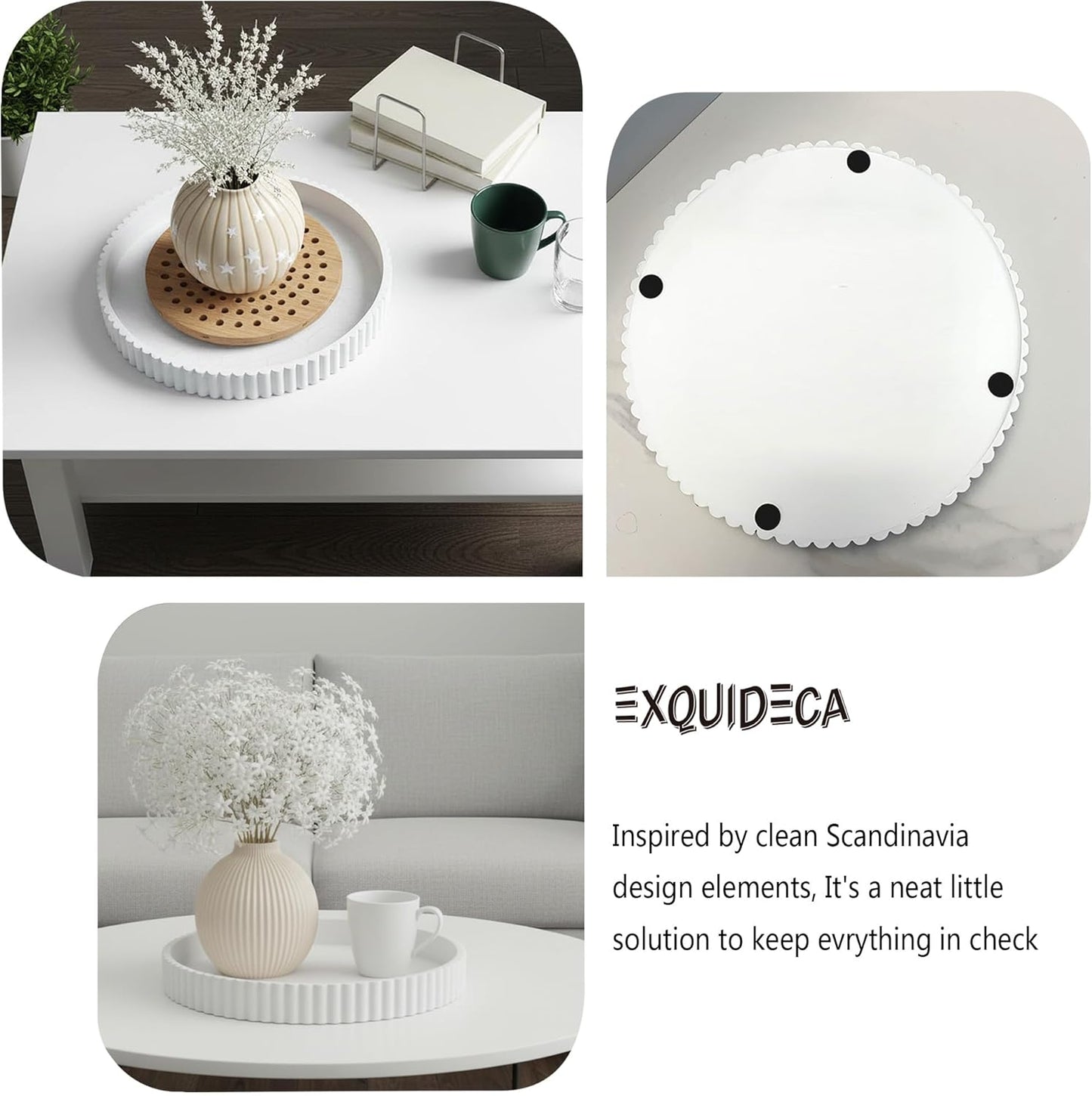 Modern Table Round Decorative Trays 2pcs Home Decor - Circle Coffee Table Centerpiece Set 12"/10" - Wooden Cool Grey Ottoman Tray with Fluted Edge
