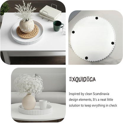 Modern Table Round Decorative Trays 2pcs Home Decor - Circle Coffee Table Centerpiece Set 12"/10" - Wooden Cool Grey Ottoman Tray with Fluted Edge
