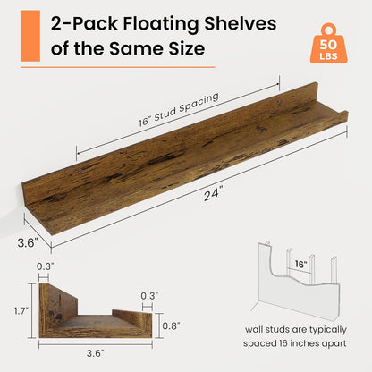 RICHFOCUS Picture Ledge Shelf, 24 inch Floating Shelves Set of 2, Wood Wall Shelves with Lip, Wall Decor Storage for Bedroom Living Room Bathroom Kitchen Nursery Photo Picture, Walnut