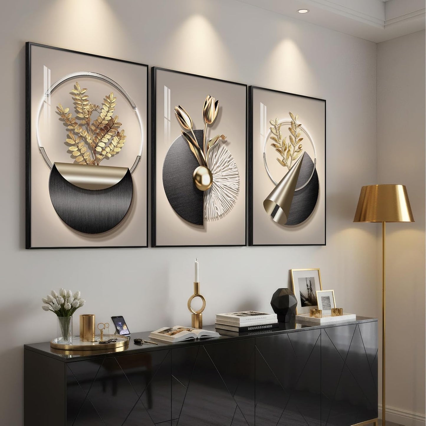 Framed Modern Luxury Gold Wall Art, Set of 3 Piece Contemporary Paintings Artwork for Walls, Golden Prints Pictures with Gold Frame, Wall Decor for Living Room, Hallway, Bedroom, Office 16x24 Inch