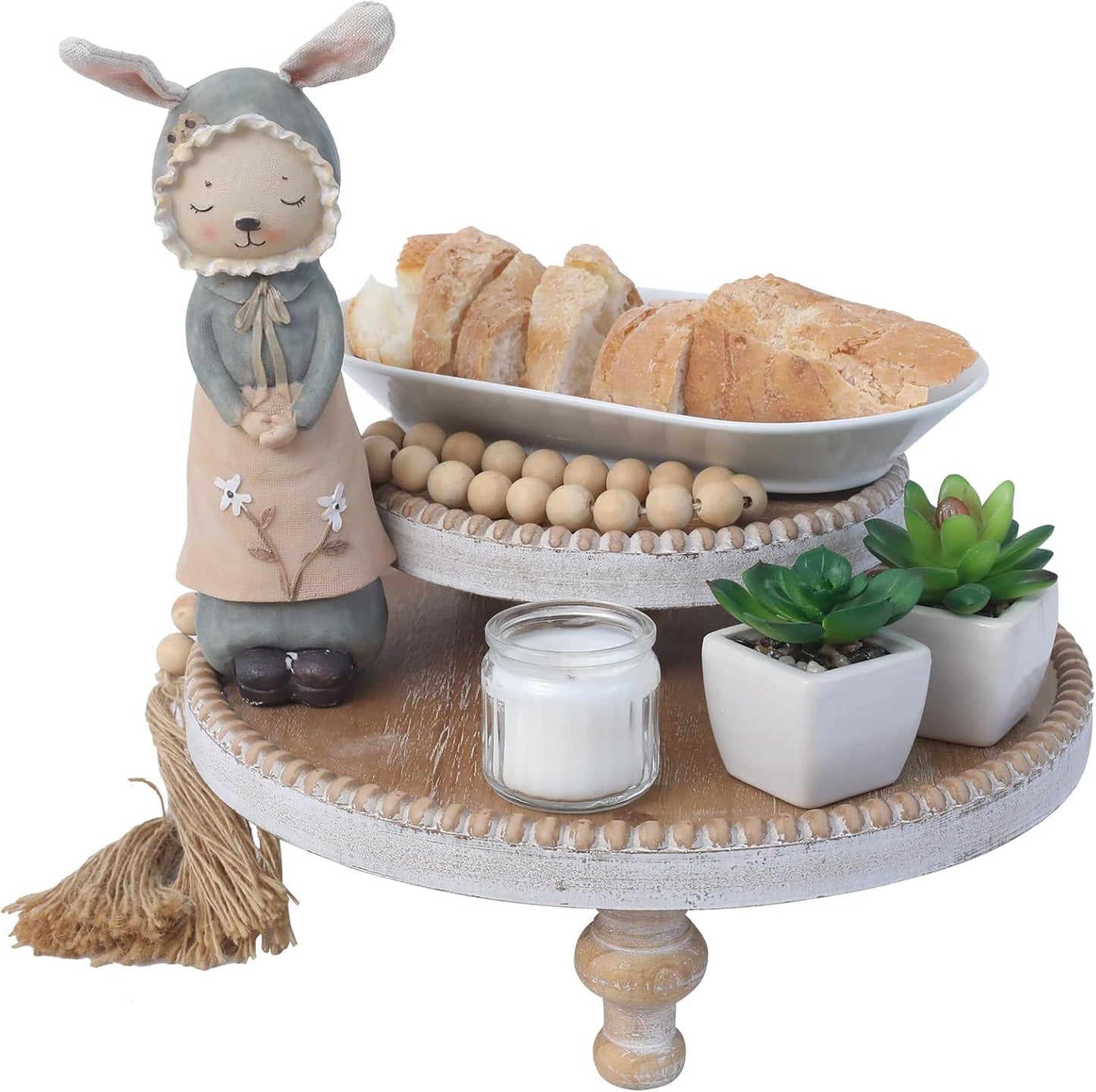 SwallowLiving Rustic Round Wood Tray Riser Farmhouse Pedestal Stand With Beaded Edge for Decor Wooden Finish Cupcake Display for Cakes and Decorative Items 11.8 inches