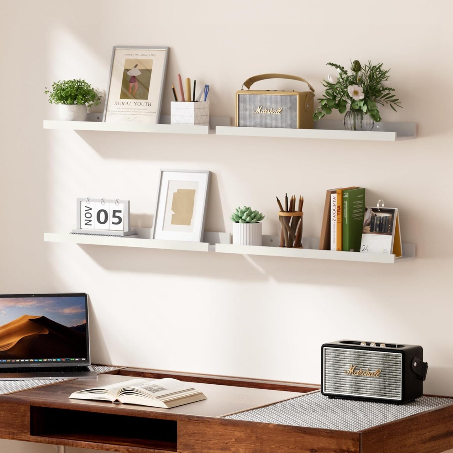 upsimples 6 Pack Wooden Floating Shelves, Wall Storage Decor Shelf for Bathroom, Bedroom, Living Room, Kitchen, Office and Laundry Room, Wall Mounted Display Hanging Shelf, Brown