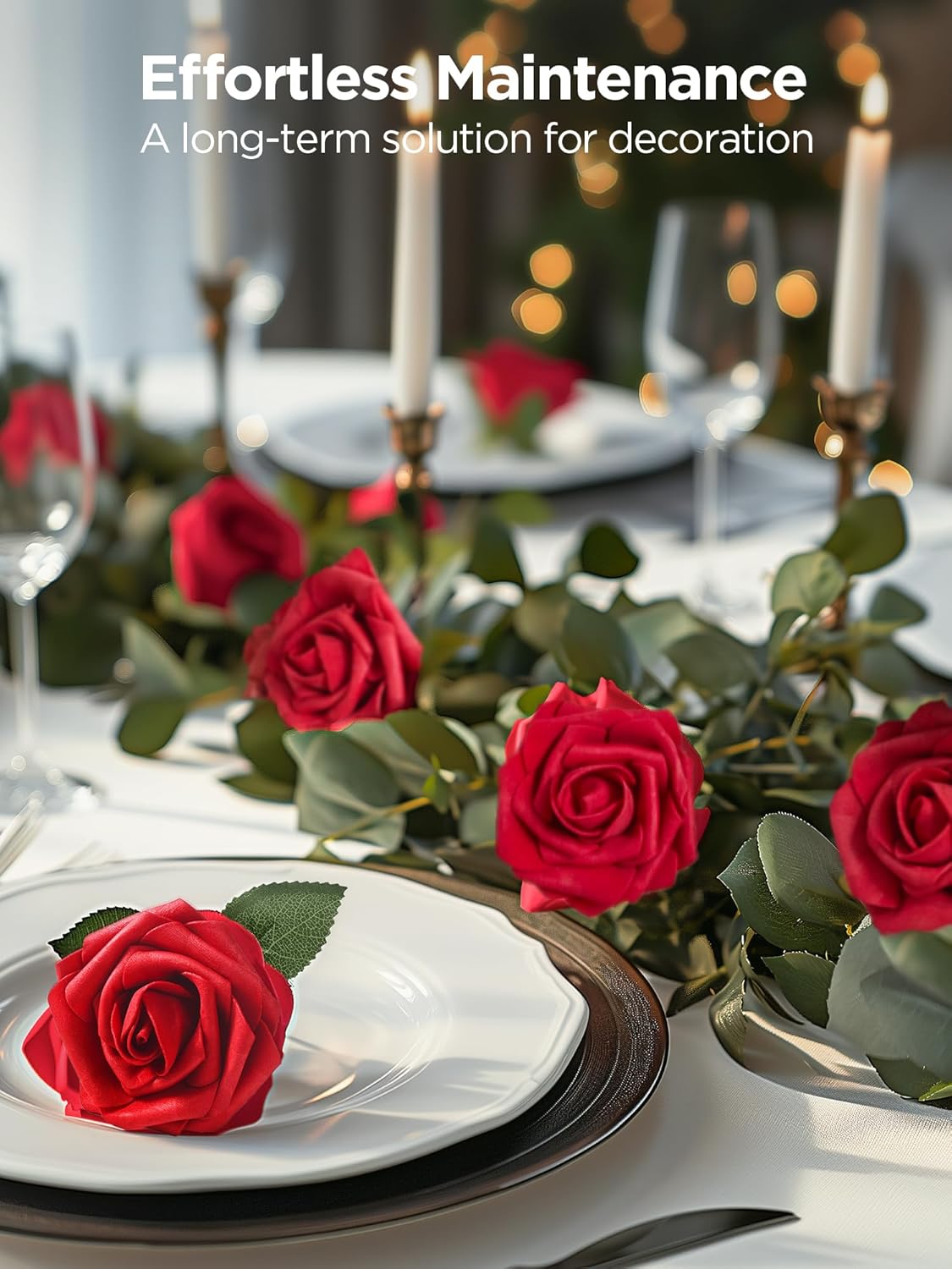 InnoGear Artificial Flowers, 50 Pcs Dark Red Foam Fake Roses Bulk with Stems for Mother's Gift Decoration Celebration DIY Wedding Bouquets Centerpieces Bridal Shower Party Christmas Tree