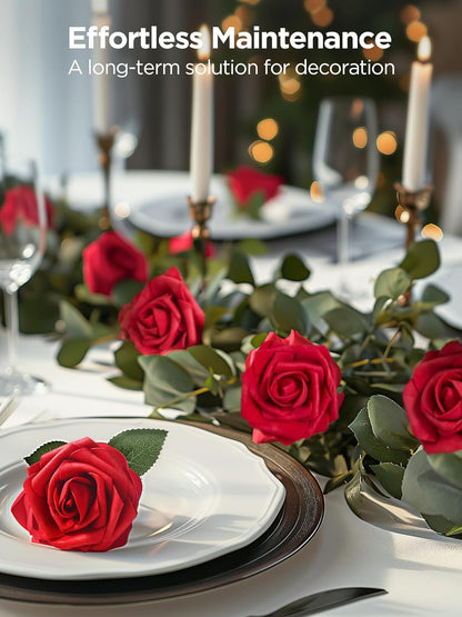 InnoGear Artificial Flowers, 50 Pcs Dark Red Foam Fake Roses Bulk with Stems for Mother's Gift Decoration Celebration DIY Wedding Bouquets Centerpieces Bridal Shower Party Christmas Tree
