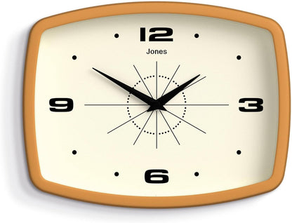 JONES CLOCKS® Movie wall Clock | Retro Rectangular Clock | 10 inch | Orange | Cool mid-Century Designer Look for Kitchen, Living Room or Office