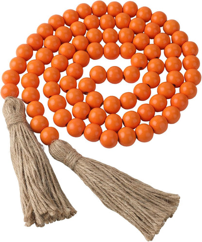 Wood Bead Garland 58 Inch Nature Wooden Beads for Boho Farmhouse Table Home Decor with Tassel, Wooden Prayer Bead, Rustic Country Boho Wall Hanging Decor for Kitchen Modern Living Room Tray Vase Shelf