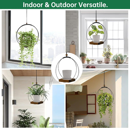 Hanging Planter for Indoor Plants, Black Plant Hanger Indoor with Sturdy Wood Base, Modern Boho Macrame Plant Hanger for 3-5.5 Inch Pot, Hanging Wall Ceiling Window Home Decor (Pots Not Included)