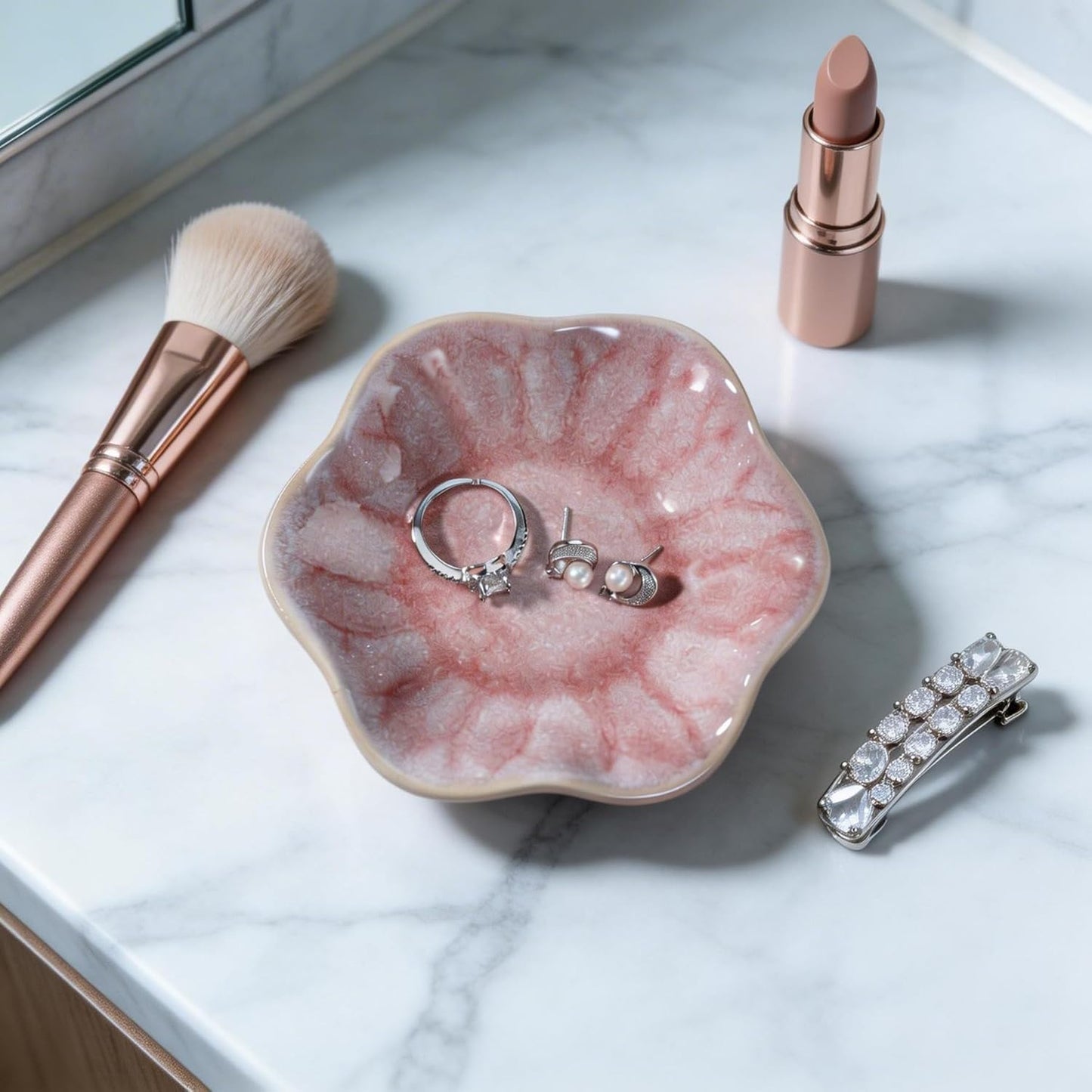 Pink Flower Ring Dish Holder,Jewelry Dish Tray,Small Trinket Tray,Jewelry Plate Bowl,Key Bowl,Decorative Plate,Mothers Day Birthday Gifts for Women Friends,Ceramic Kiln effect White