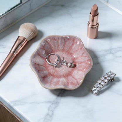 Pink Flower Ring Dish Holder,Jewelry Dish Tray,Small Trinket Tray,Jewelry Plate Bowl,Key Bowl,Decorative Plate,Mothers Day Birthday Gifts for Women Friends,Ceramic Kiln effect White