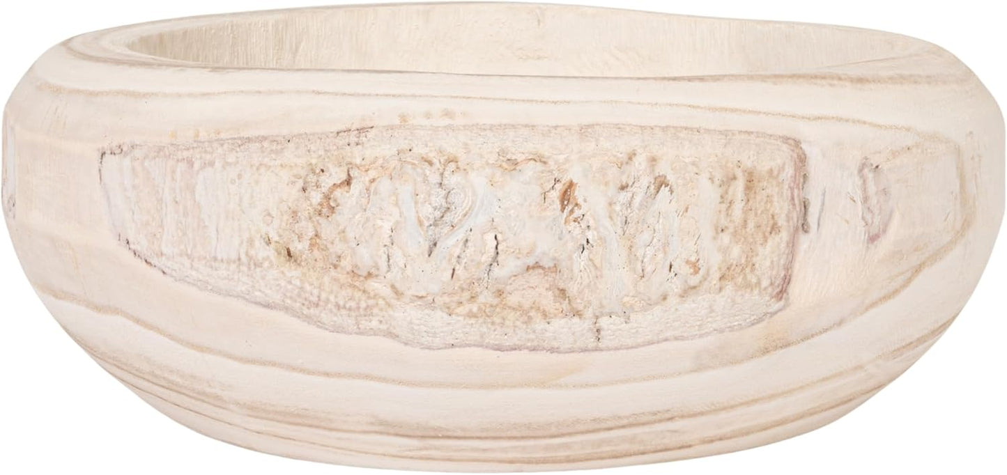 Bloomingville Decorative Hand-Carved Paulownia Wood Bowl, Whitewashed, 10.5 in Diameter, 4.25 in Tall