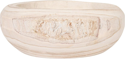 Bloomingville Decorative Hand-Carved Paulownia Wood Bowl, Whitewashed, 10.5 in Diameter, 4.25 in Tall