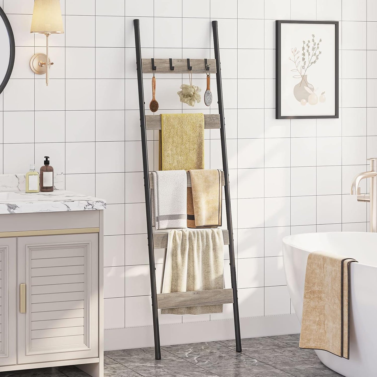 HOOBRO Blanket Ladder, 5-Tier Towel Rack with Hooks, Wall-Leaning Blanket Rack, Decorative Display Ladder Shelf, for Scarves, Industrial, Living Room, Bedroom, Rustic Brown and Black BF52CJ01