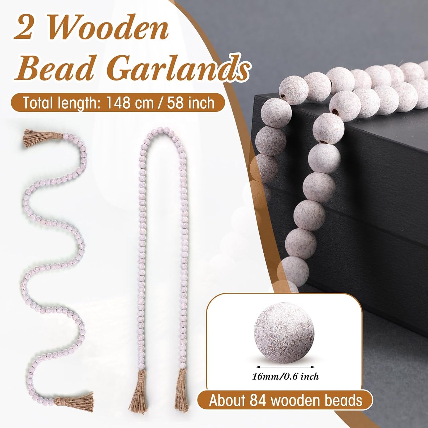 Geetery 2 Pcs 58'' Bead Garland with Tassels, Rustic Country Decor, Boho Wall Hanging for Farmhouse Style, Versatile Prayer Beads for Home, Table, or Wall Decoration (Black)