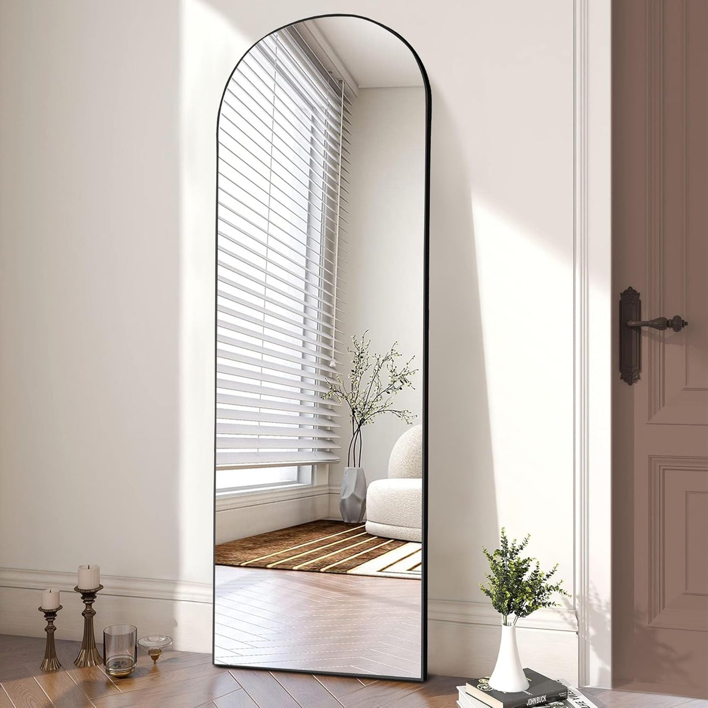 OLIXIS Black Arched Full Length Mirror 60"x16" for Bedroom, Full Body Mirror with Stand, Hanging or Leaning for Wall, Aluminum Alloy Thin Frame Floor Standing for Living Room