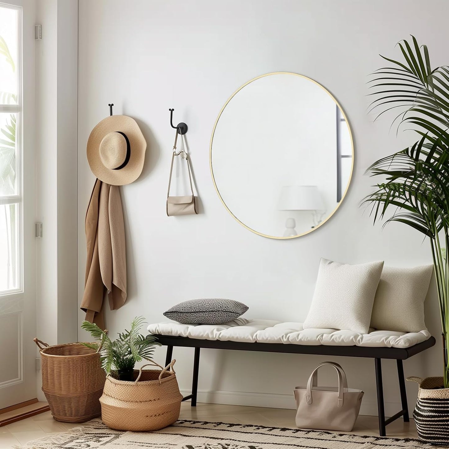 WallBeyond Wood Round Mirror with Wood Frame 24 inch Circle Wall Mirror for Bathroom Round Wall Mirror for Wall Decor, Vanity, Entryway Living Room (Walnut)
