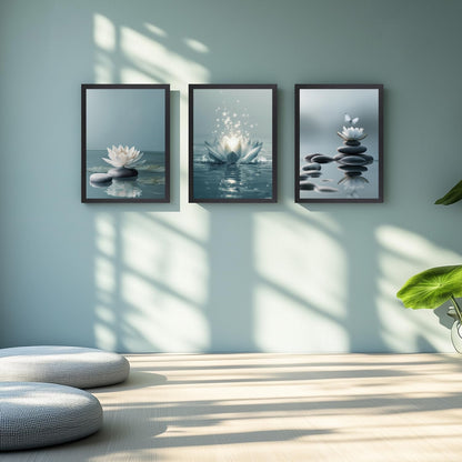 GELDSTEI Calm Zen Botanical Canvas Wall Art, White Lotus Blooming on Stones in Water Aesthetic Pictures, Yoga Spa Meditation Room Decor, Modern Spiritual Poster Prints for Zen Office Framed Set of 3, Each 12x16 Inch