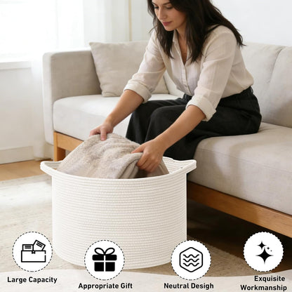 Large Woven Blanket Basket,65L Cotton Rope Laundry Basket Hamper with Handles, Decorative Nursery Basket Storage Bin for Toys, Clothes Organizer, Living Room, Bedroom, Bathroom, White & Brown