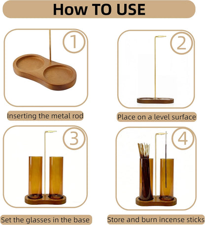 Incense Holder,2 in 1 Incense Sticks Burner Holder with Storage,Hang Upside Down Incense Holder for Sticks with Glass Ash Catcher for Meditation Yoga Spa Room Decor (Brown)