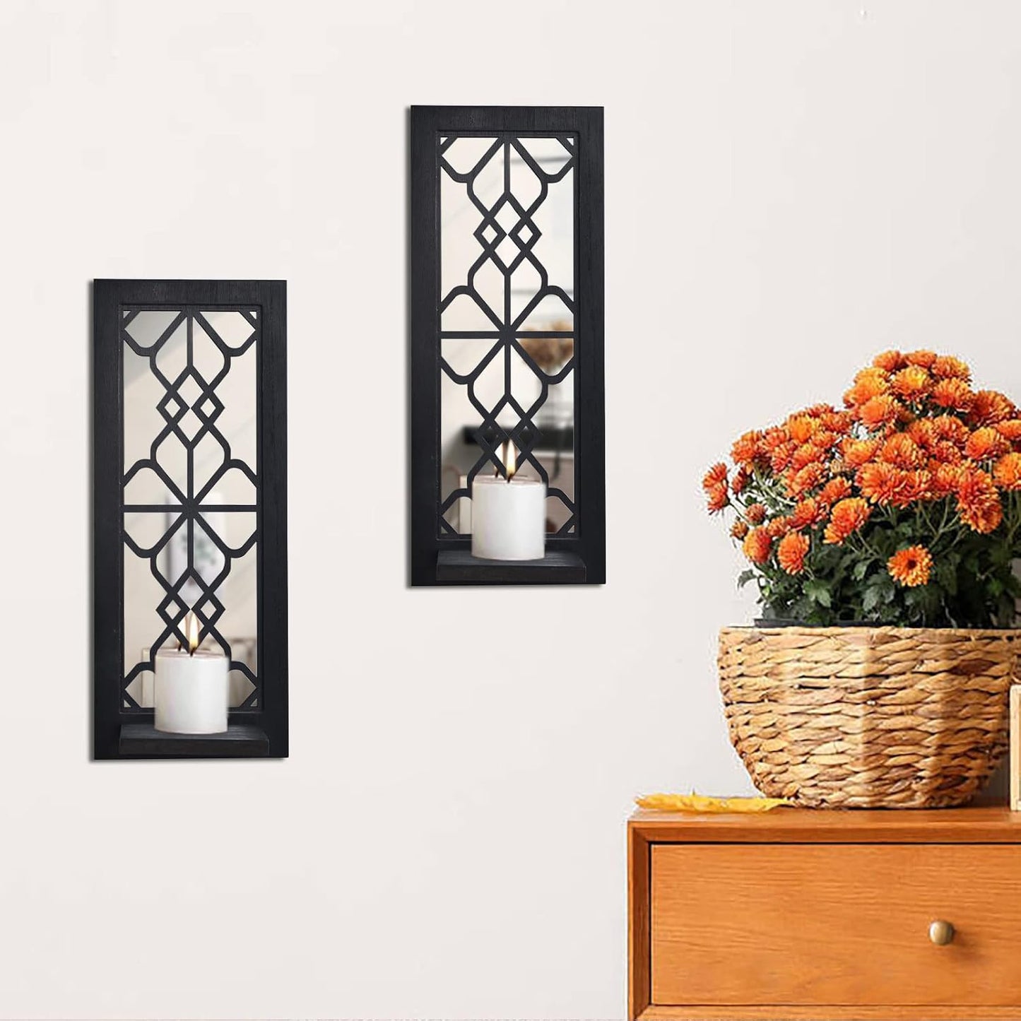 Wood Wall Sconce Candle Holder Set 2, Rustic Wall-Mount Candle Holders, Farmhouse Hanging Wall Décor, Carved Wood Frame, Mirrored Candle Holder (Distressed White)