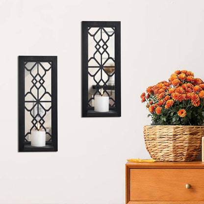 Wood Wall Sconce Candle Holder Set 2, Rustic Wall-Mount Candle Holders, Farmhouse Hanging Wall Décor, Carved Wood Frame, Mirrored Candle Holder (Distressed White)