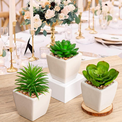 Briful Mini Fake Plants 4 Packs Succuletns Artificial Potted Plants in Cube Glass Vase Faux Succulents for Bathroom Living Room Kitchen Shelf Table Decor